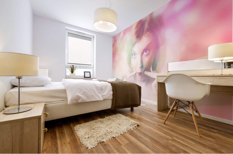 Blushing pinup girl in haze of makeup hues Mural print