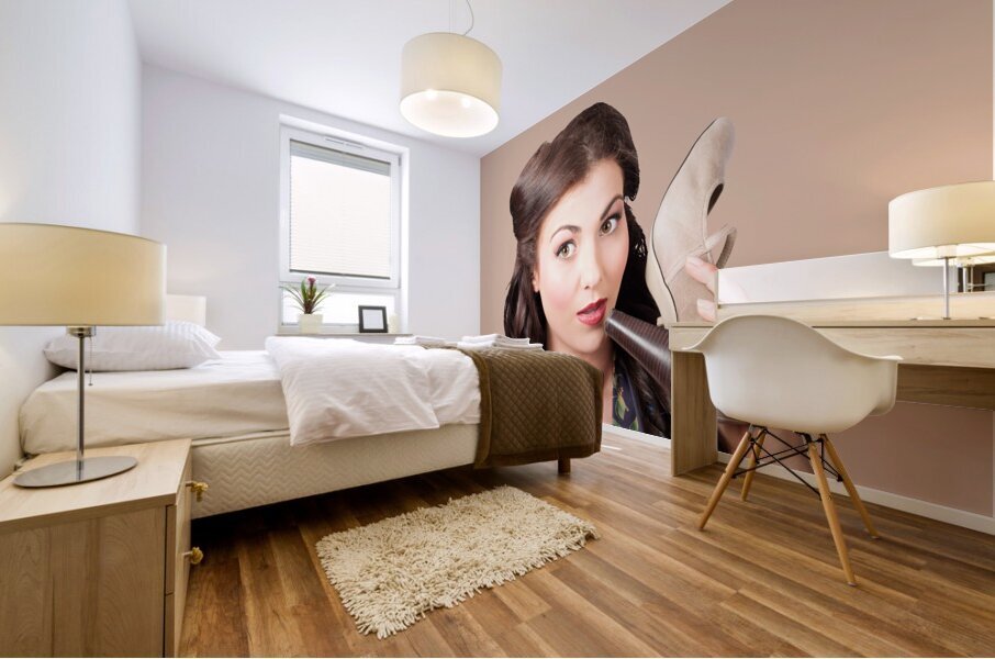 Pinup vintage woman chatting on shoe phone Mural print