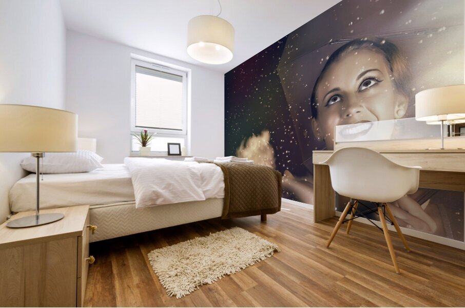 Happy Woman Walking Outside On A Rainy Summer Day Mural print