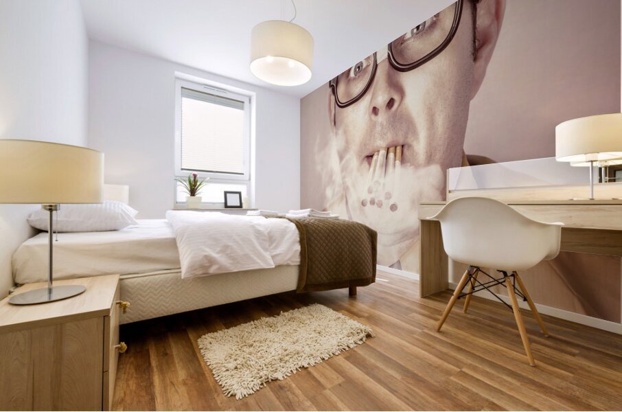 Smoking nerd businessman under work stress Mural print