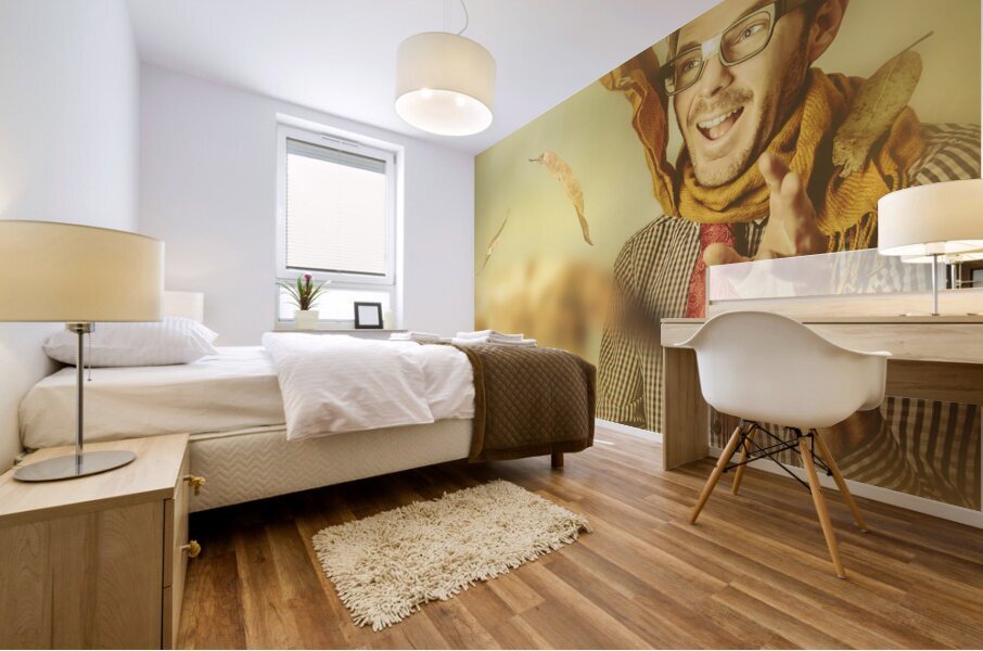 Happy nerd celebrating the fall of autumn Mural print