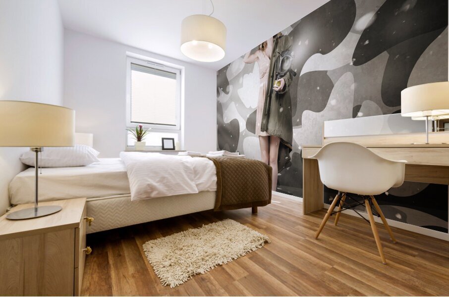 Sexy army girl saluting on snow camo background Mural print