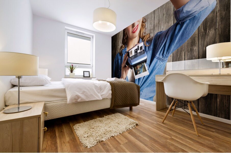 Young Retro Woman Holding Instant Camera Mural print