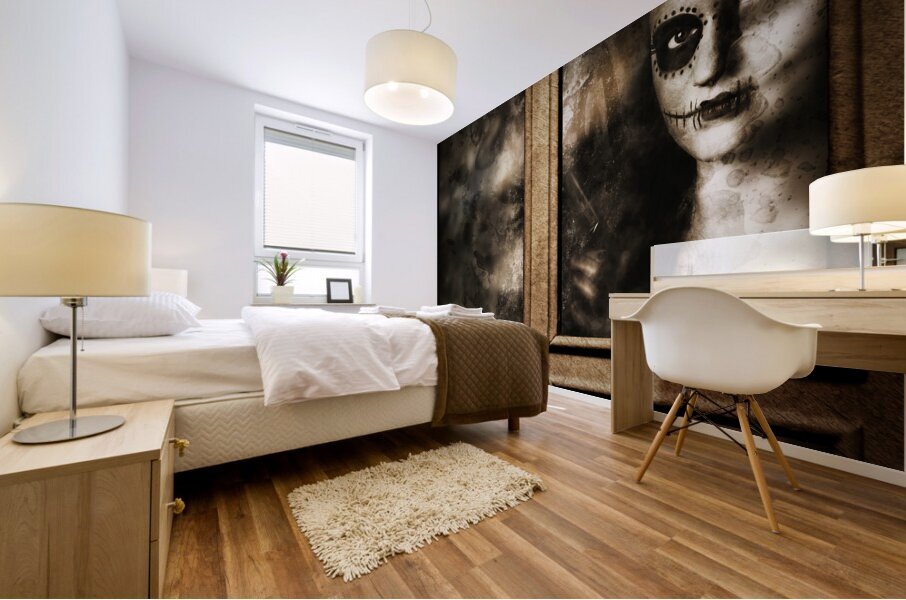 Scary murderer standing by the window with handgun Mural print