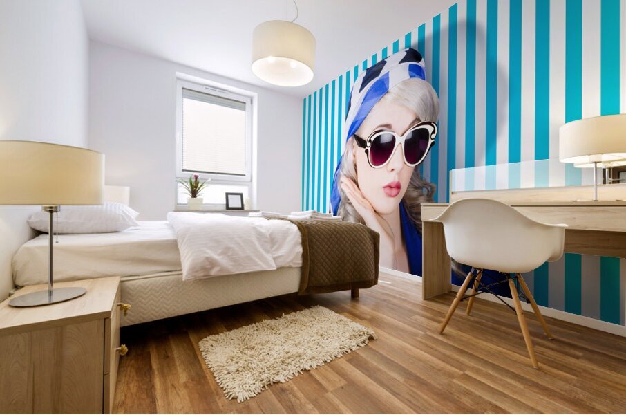Beautiful retro pinup girl in scarf and sunglasses Mural print