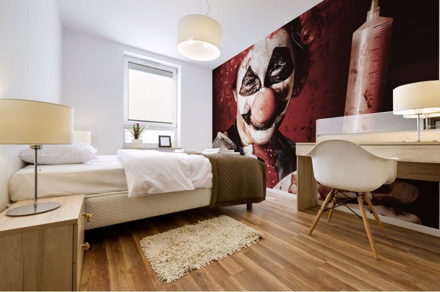 Crazy medical clown holding oversized syringe Mural print