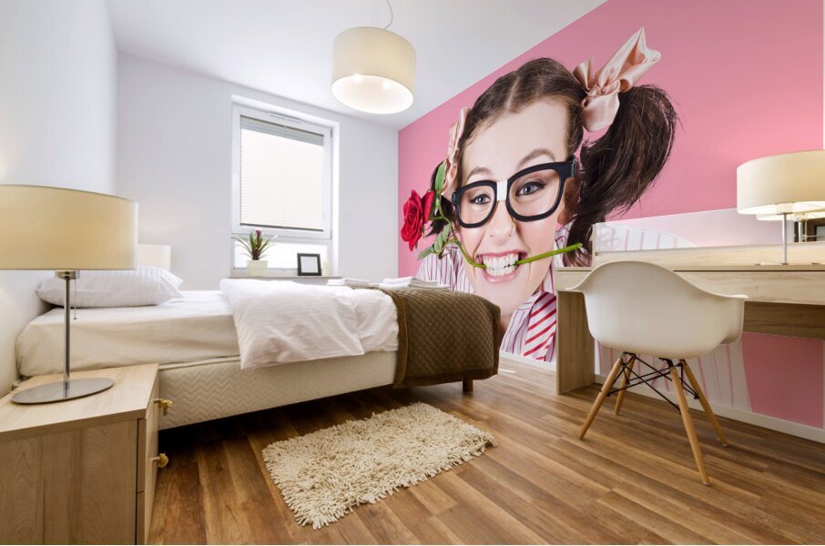 Cute Smiling Woman Wearing Nerd Glasses With Rose Mural print