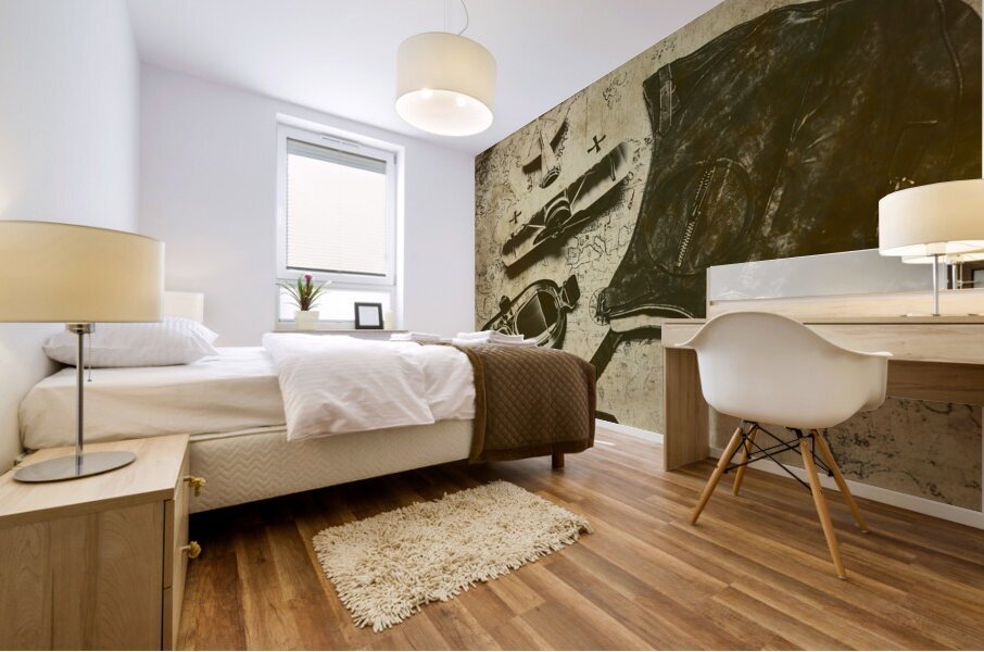 Goggles pouch and model biplane on map Mural print
