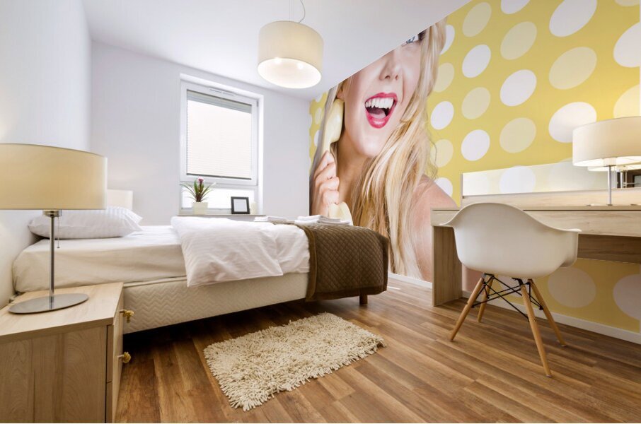 Retro phone beauty with glamour hair and makeup Mural print