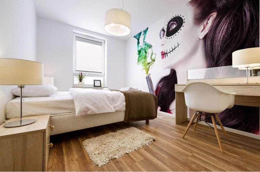 Sugar skull girl blowing on smoking gun Mural print