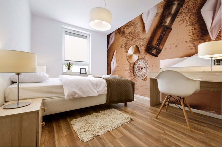 Explorer desk with compass map and spyglass Mural print