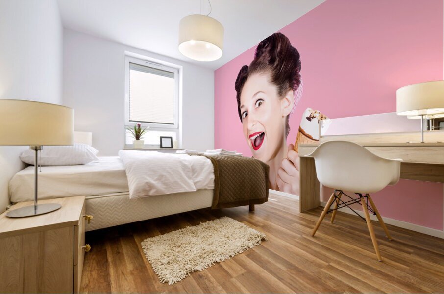 Funny pinup girl with ice cream in isolated studio Mural print