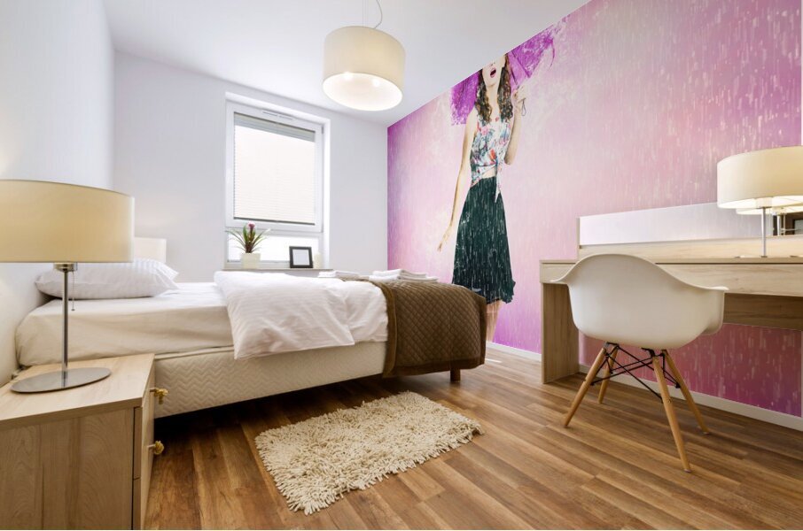 Pin-up girl in rain downfall. Hop skip and jump Mural print