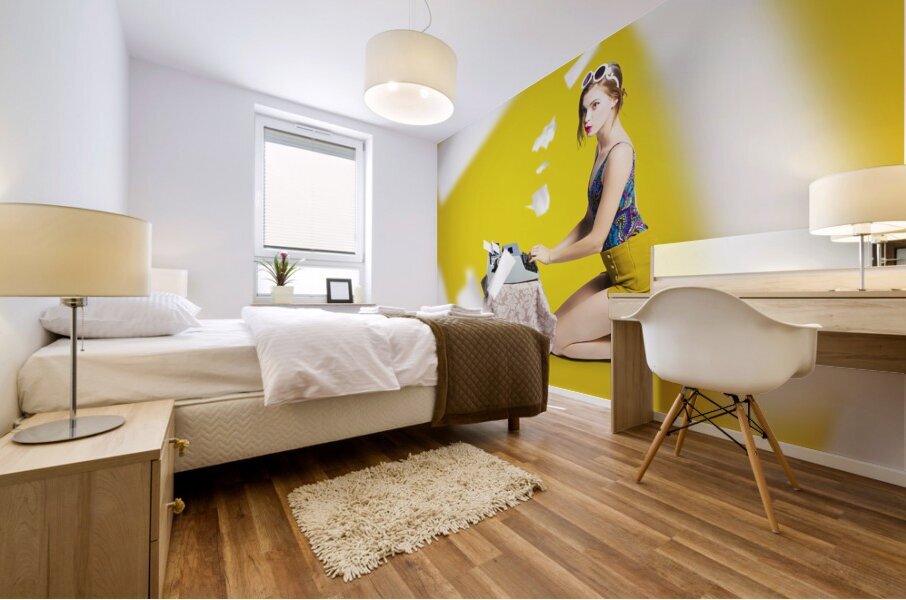 Pinup typist writing story on typewriter Mural print