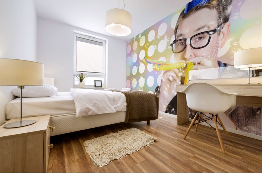 Amusement man in party hat celebrating a birthday bash Mural print