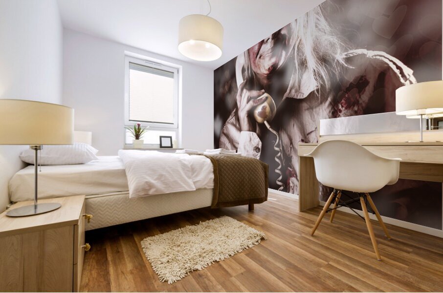 Zombie girl making phone call to dead valentine Mural print