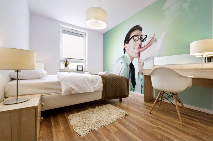 Sensual dorky man preparing for coffee love Mural print