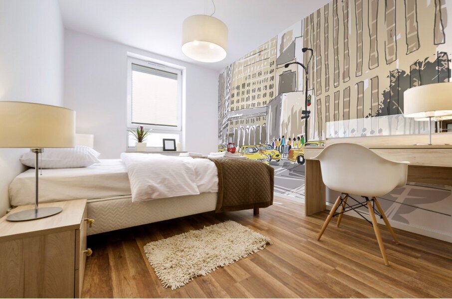 Hand drawn sketch of a busy New York City street Mural print