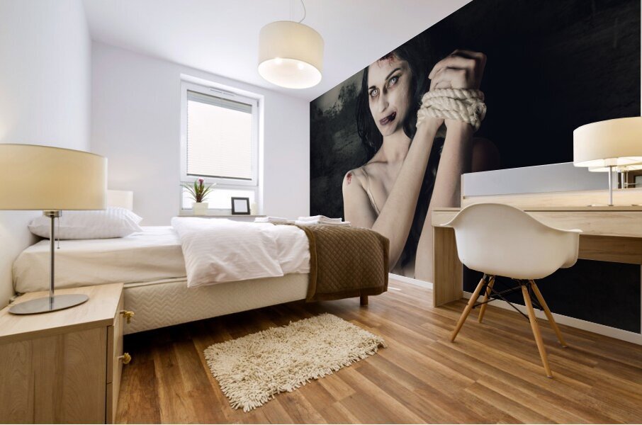 Dark horror scene of an evil zombie woman tied up Mural print
