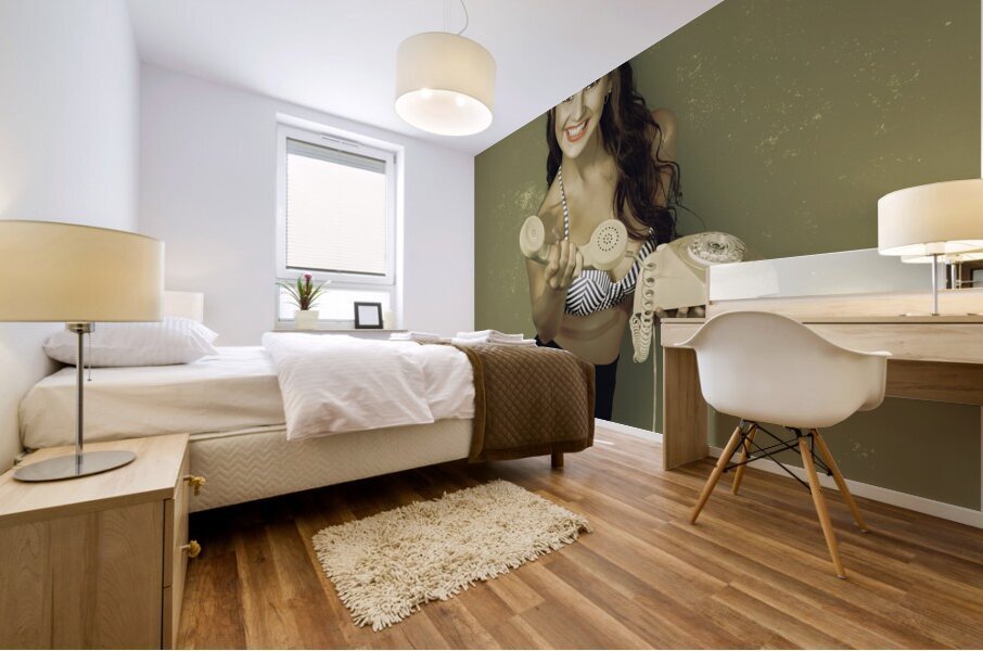 Funky pinup girl handing over a vintage telephone Mural print
