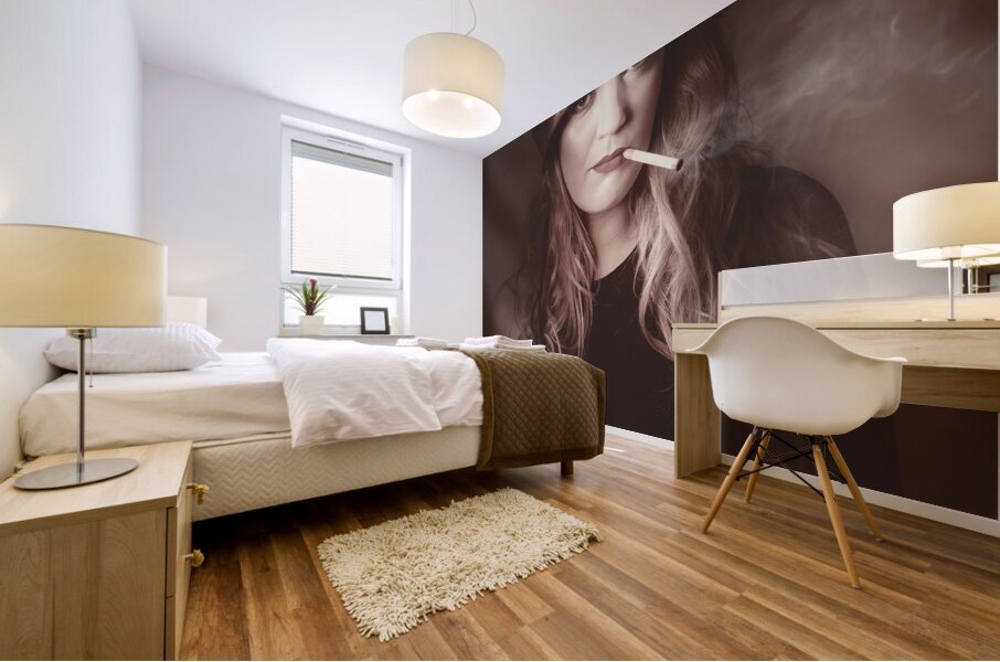 Beautiful blond army pinup girl smoking cigarette Mural print