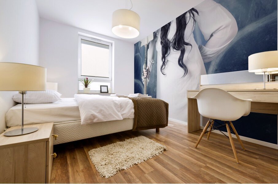 Spooky witch gravedigger with spade in graveyard Mural print