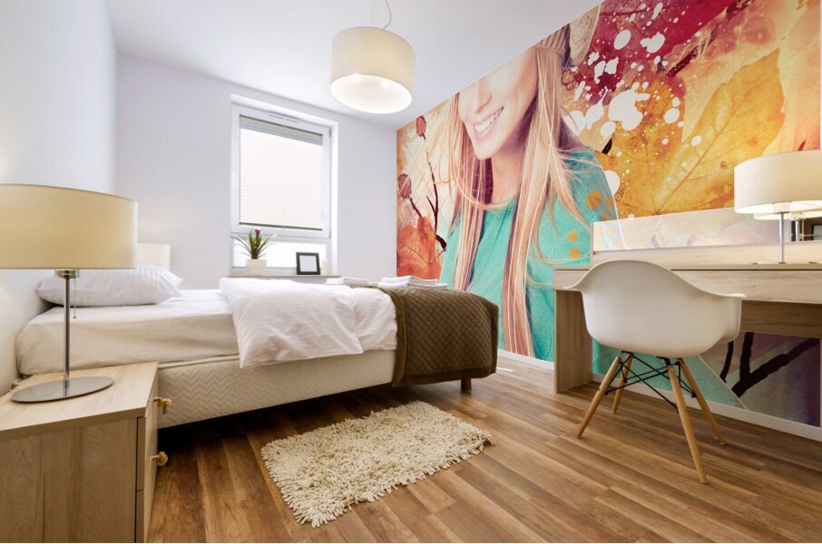 Pretty blond girl in autumn fashion illustration Mural print