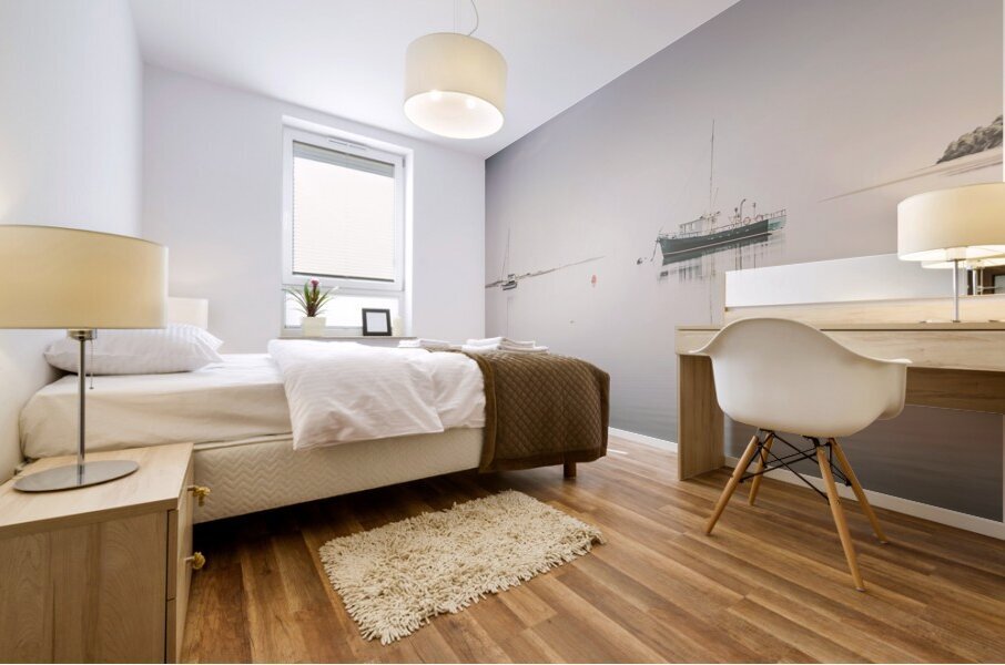 Vintage photo of a fishing boat anchored at dusk Mural print