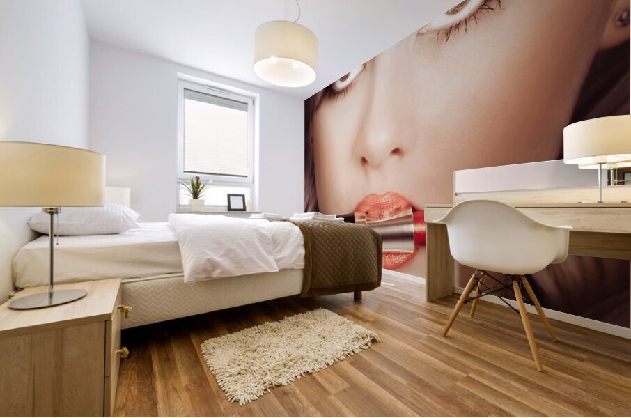 Surprised pinup girl with lipstick makeup in mouth Mural print