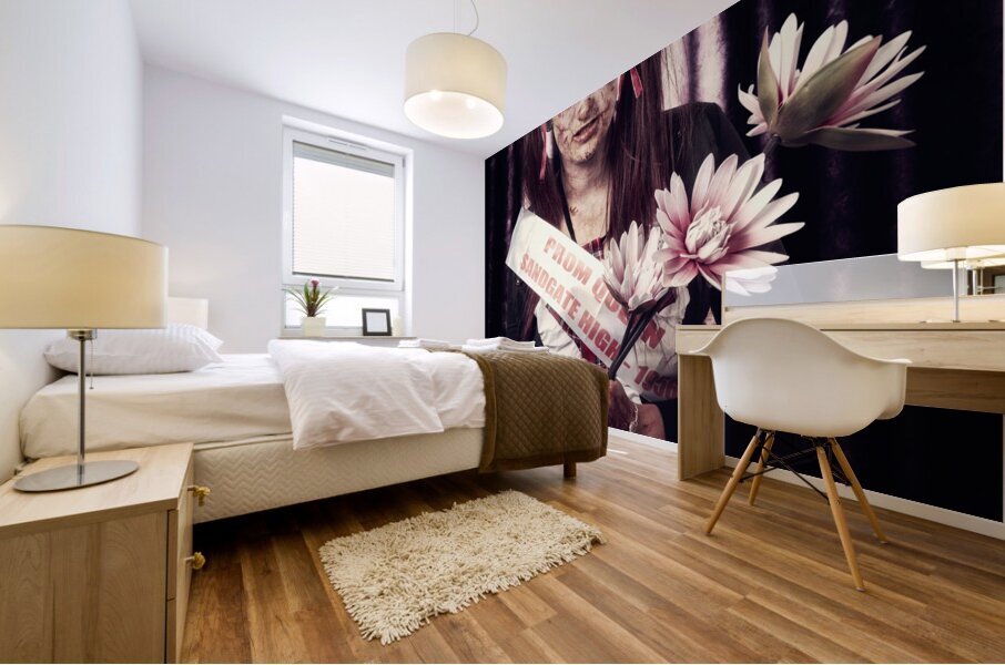 Evil zombie prom queen holding flowers on stage Mural print