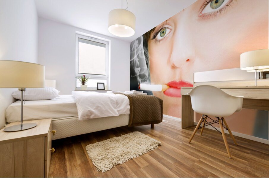 Unhappy Woman Smoking Cigarette Mural print