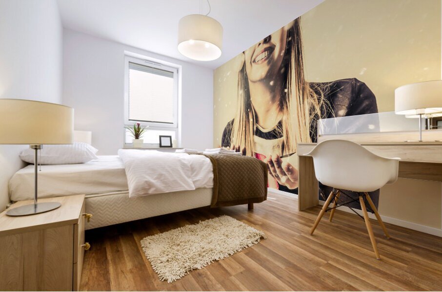  Vintage girl celebrating a white Christmas Mural print