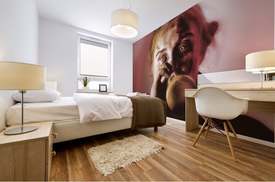 Drunk ghoul sculling beer at Halloween party Mural print