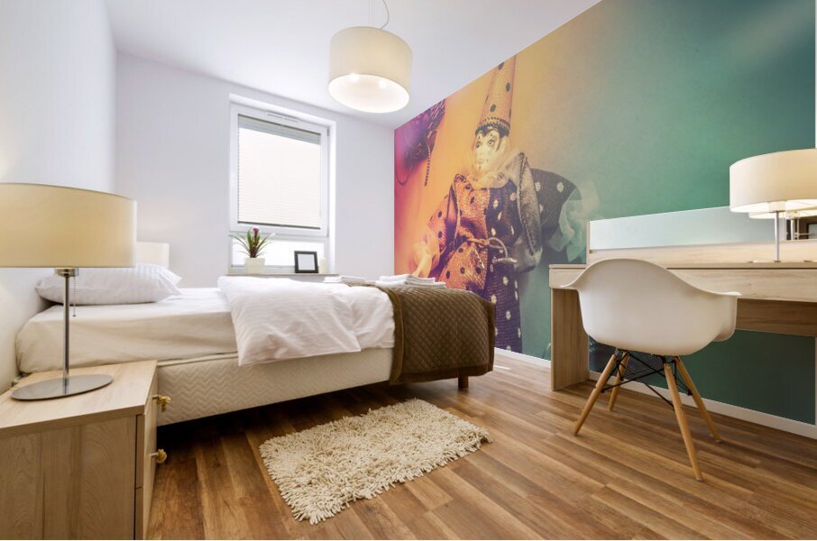 Play act of a puppet clown performing a sad mime Mural print