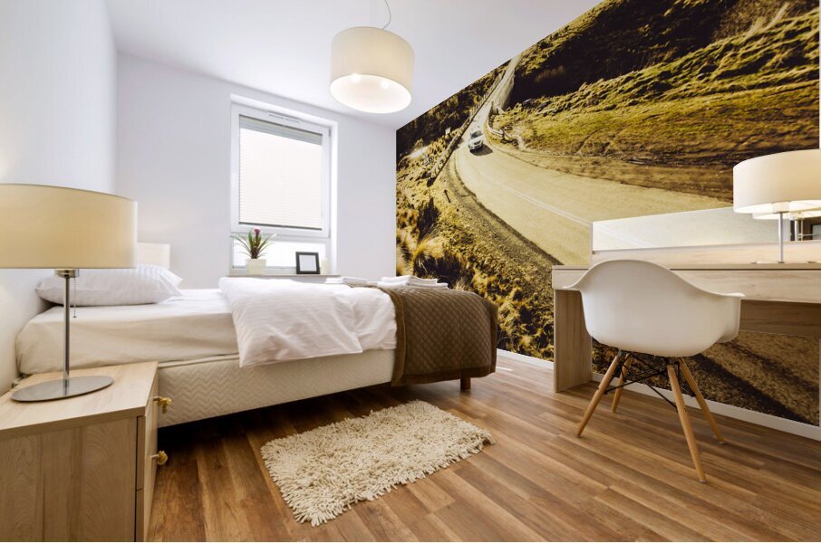 Car touring the Central Highlands in Tasmania Mural print