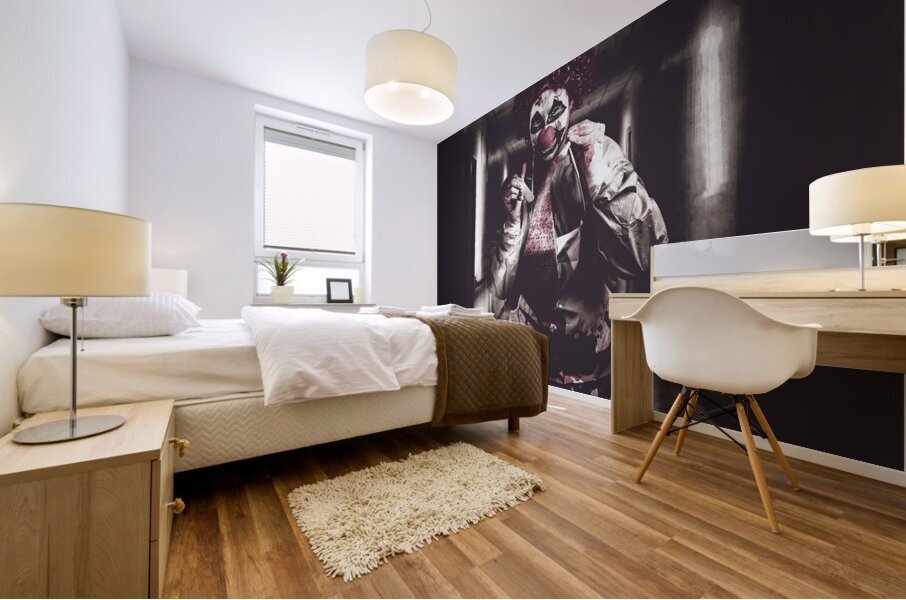 Creepy medical clown in grunge hospital hallway Mural print