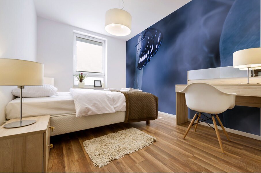 Misty moonlight butterfly in blue twilight forest Mural print