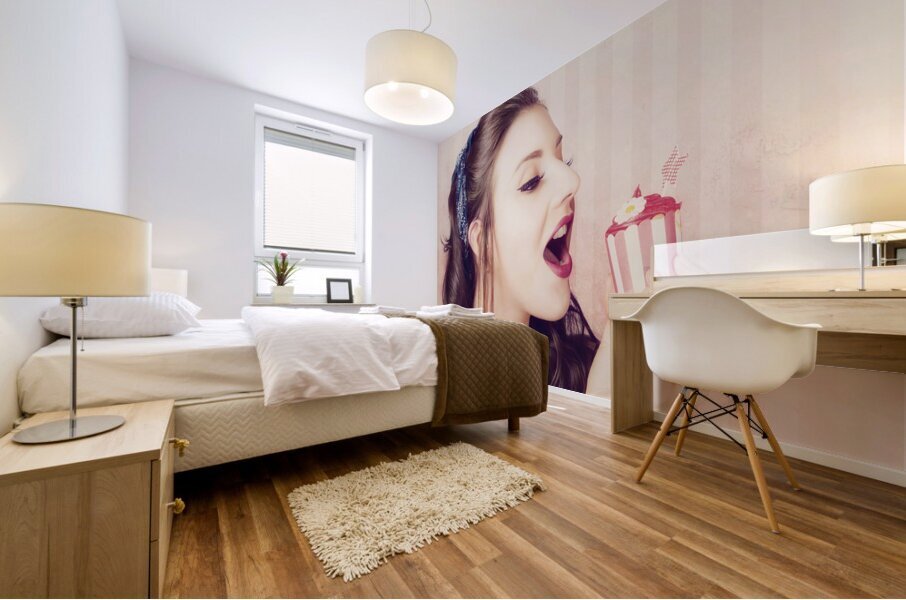 Vintage pin up girl eating strawberry cupcake Mural print