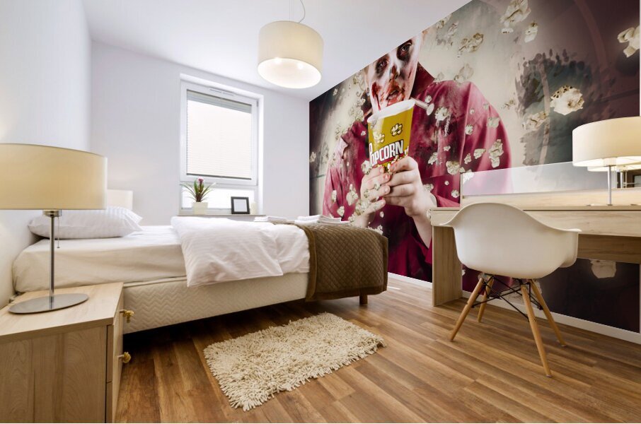 Creepy possessed girl watching horror movie Mural print