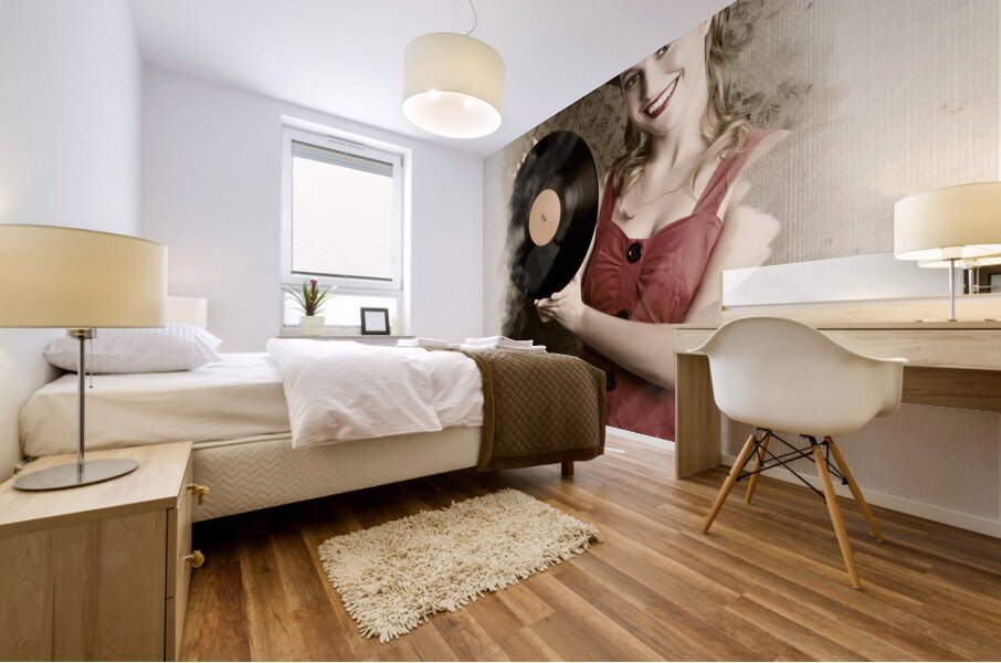 Pin-Up Rockabilly Woman Holding Vinyl Record LP Mural print