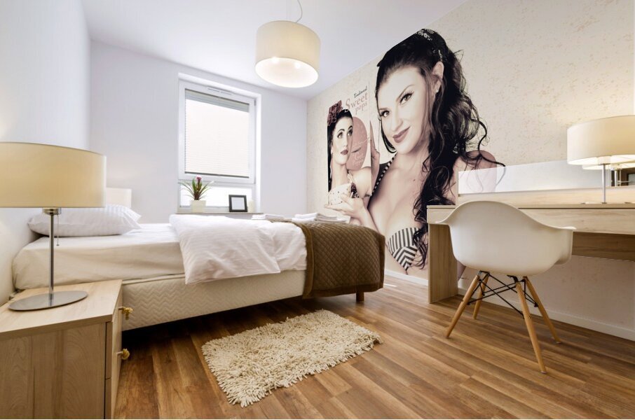 Vintage pop art advert girl with breakfast product Mural print