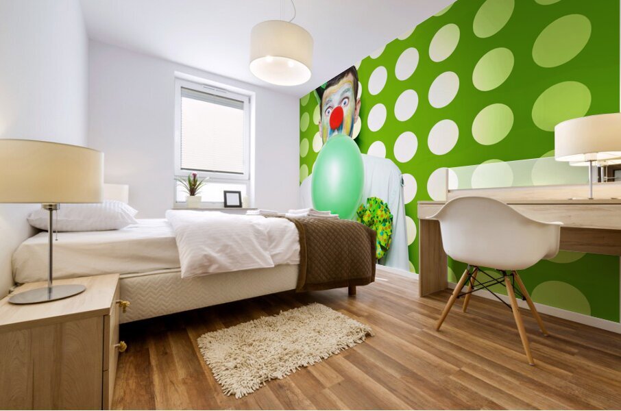 Crazy Party Clown Inflating Green Party Balloon Mural print