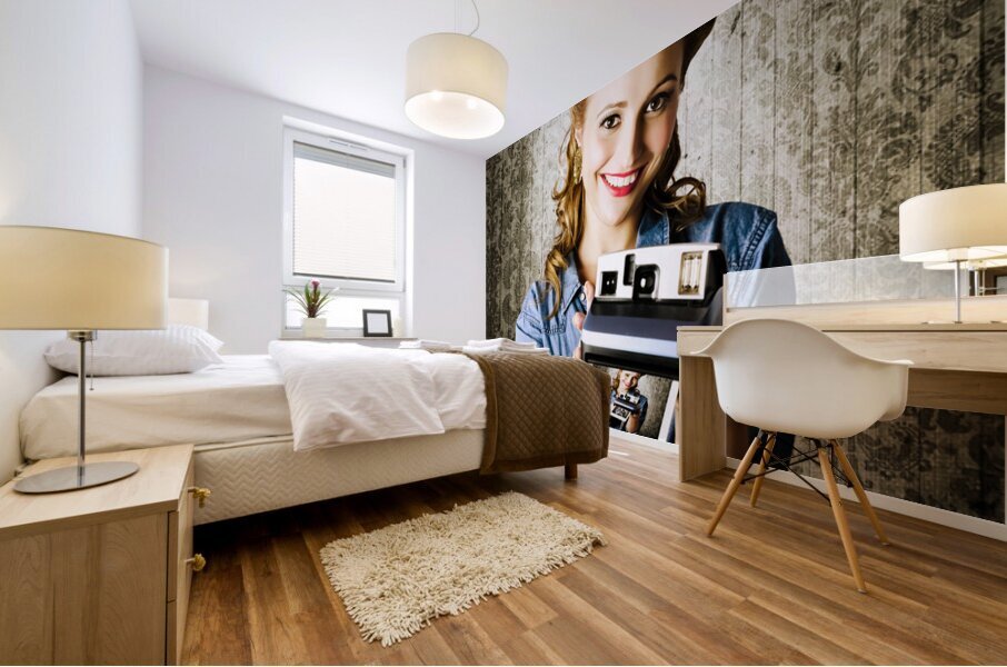 Smiling Young Vintage Girl Taking Polaroid Photo Mural print