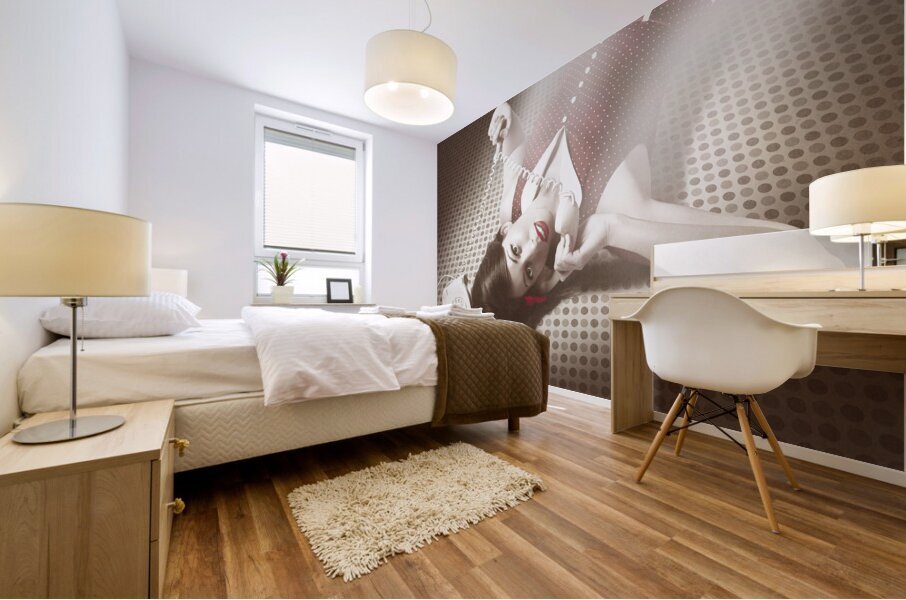 Beautiful brunette pinup woman on vintage phone Mural print