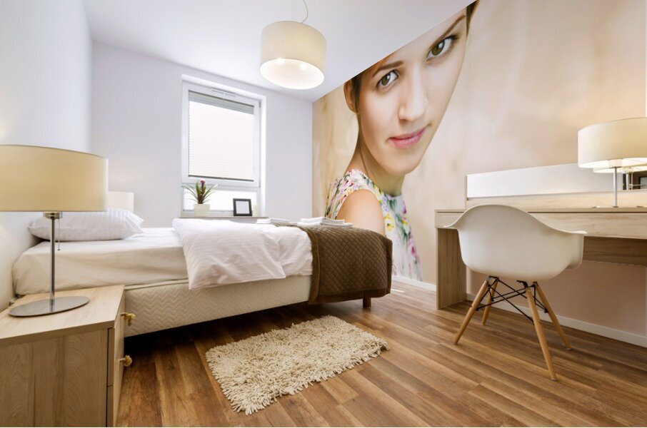 Short haired girl in floral dress Mural print