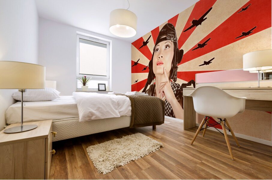 Retro asian pinup girl. War planes of revolution Mural print