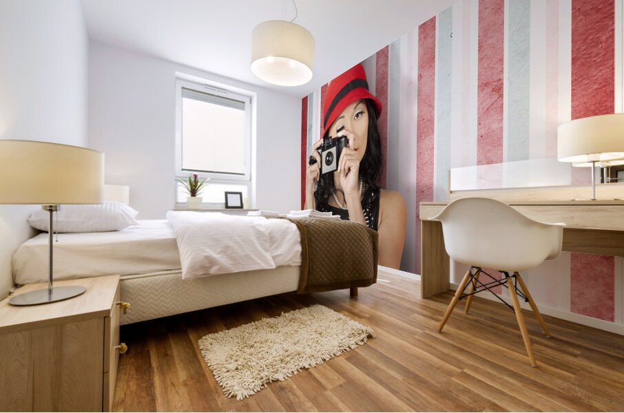 Pin-up photographer in 40s fashion holding camera Mural print