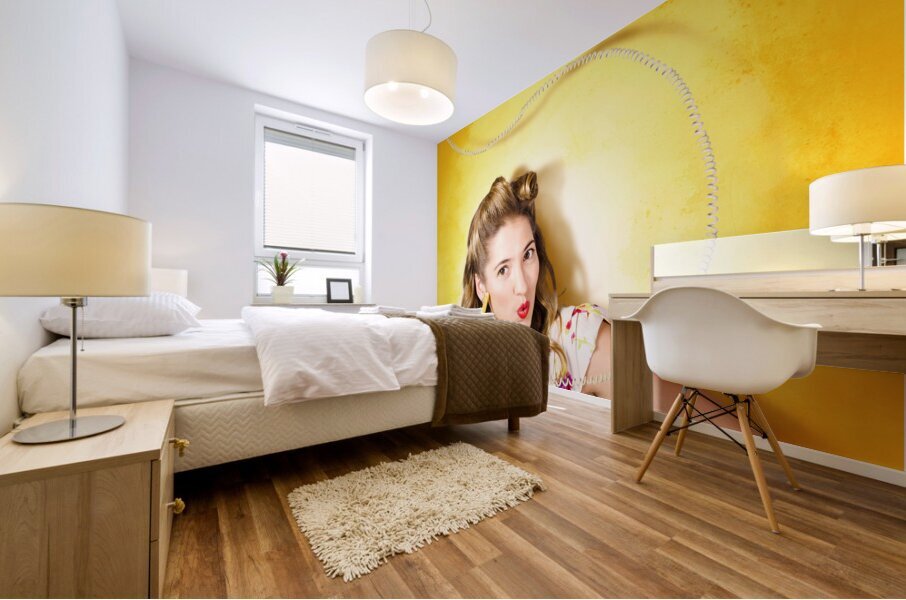 Gossiping retro pin up girl on fruit phone Mural print