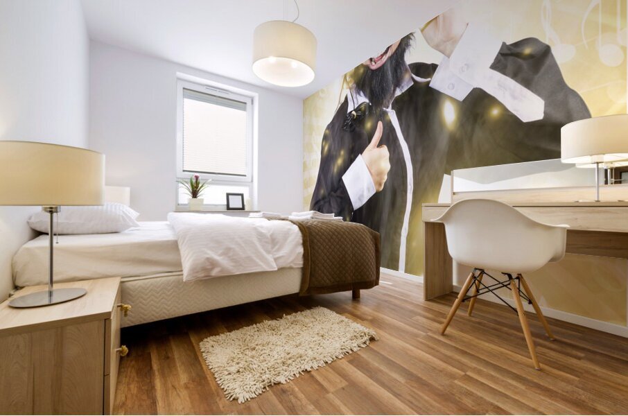 Man listening to FM radio broadcast with headphone Mural print