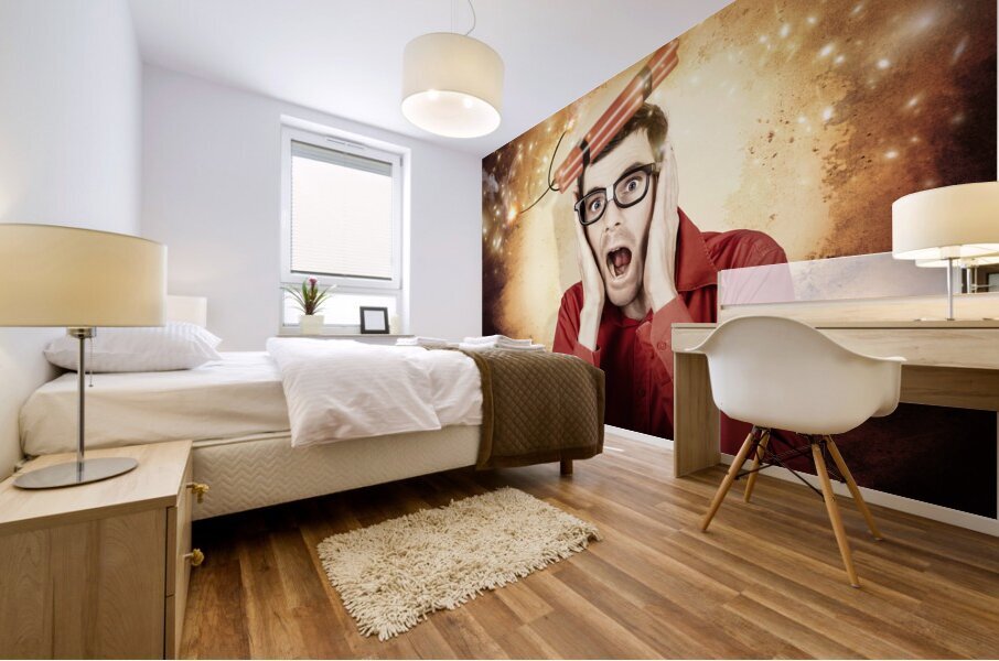 Nerd business man shouting out in fear of a bomb Mural print